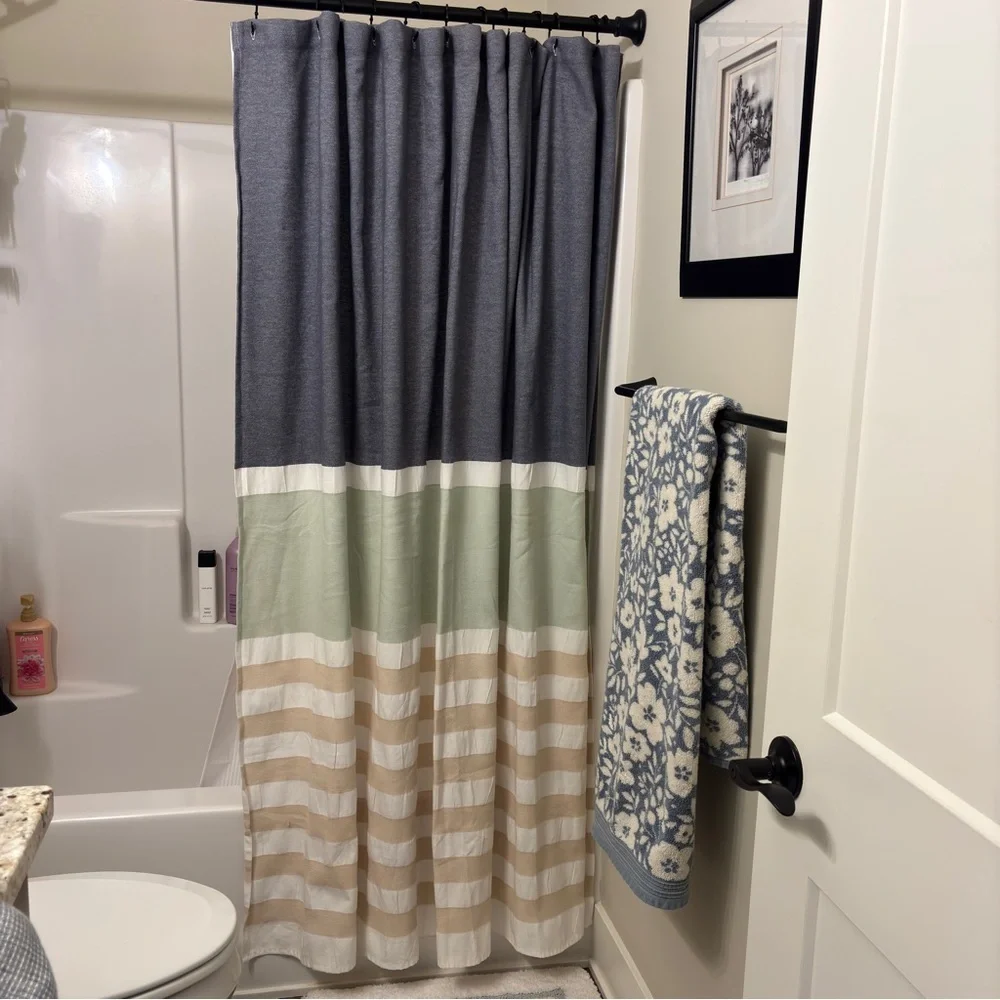 Threshold shower curtain denim blue white sage green & tan horizontal stripes